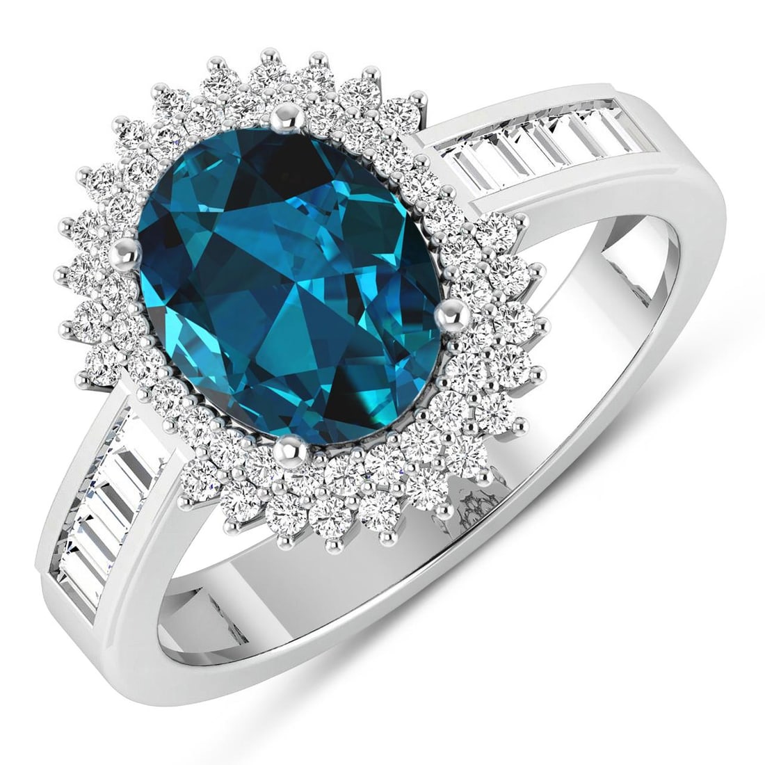 14KT White Gold 1.9ctw London Blue Topaz and Diamond Ring: London Blue Topaz Oval 9x7mm - 1Pc + White Diamond Baguette 2.00x1.50mm - 10Pcs + White Diamond F/C Round 1.00mm - 52Pcs ( SI-2/HI ) Total weight of gemstone is 1.9cts. Total Diamond weight is