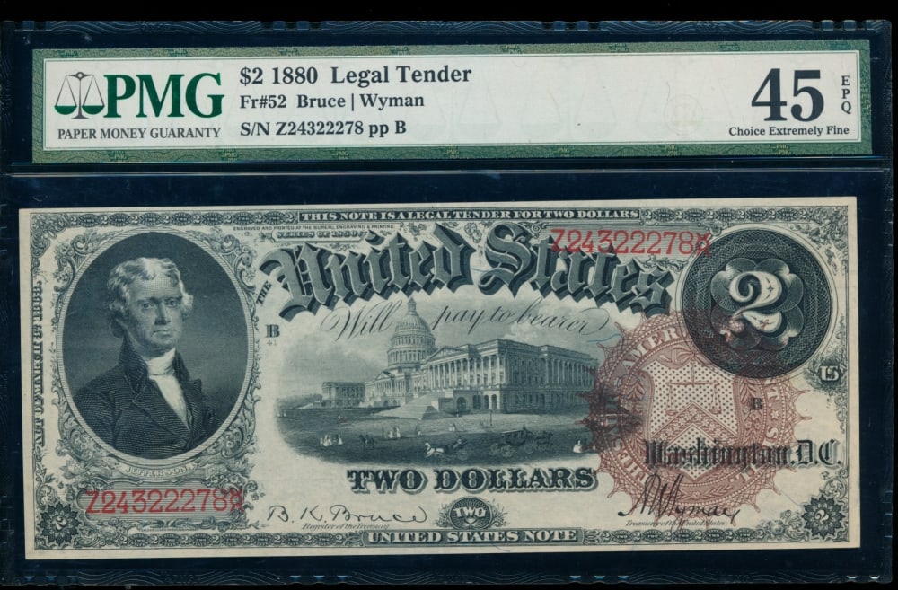 1880 $2 Legal Tender Note PMG 45EPQ: One 1880 $2 Legal Tender Note PMG 45EPQ.