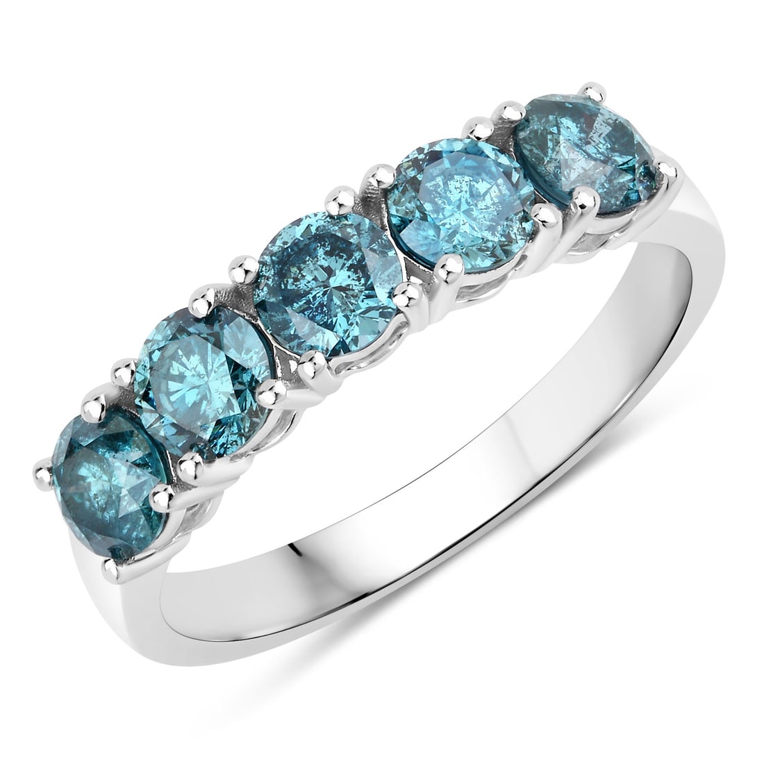 14KT White Gold 1.22ctw Blue Diamond Ring: One 14KT White Gold 1.22ctw Blue Diamond Ring. 5 round Blue Diamonds with a total weight of 1.22cts. Total weight of this ring is 2.51 grams. Ring size 7.
