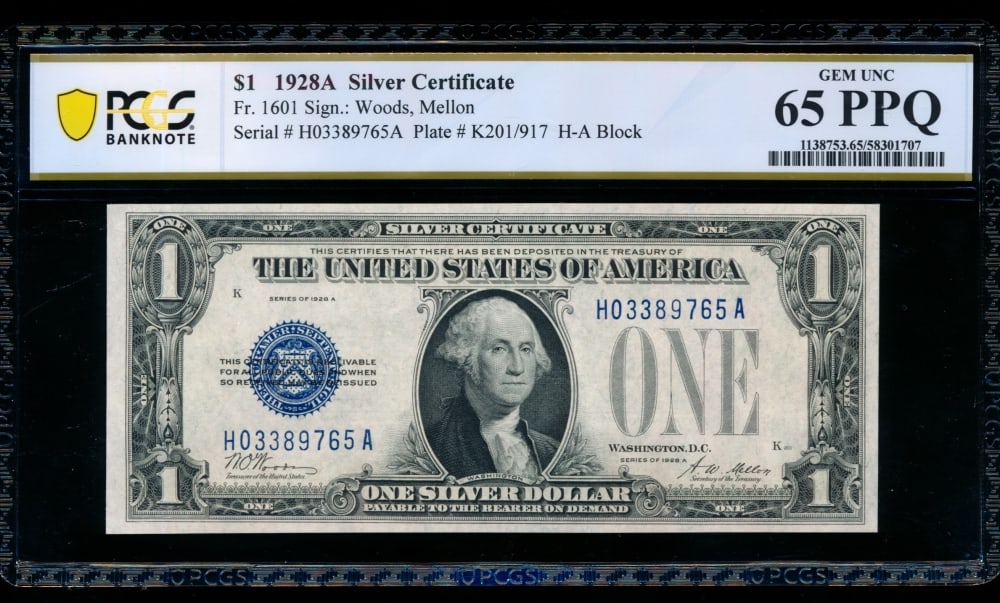 1928A $1 Silver Certificate PCGS 65PPQ: One 1928A $1 Silver Certificate PCGS 65PPQ.