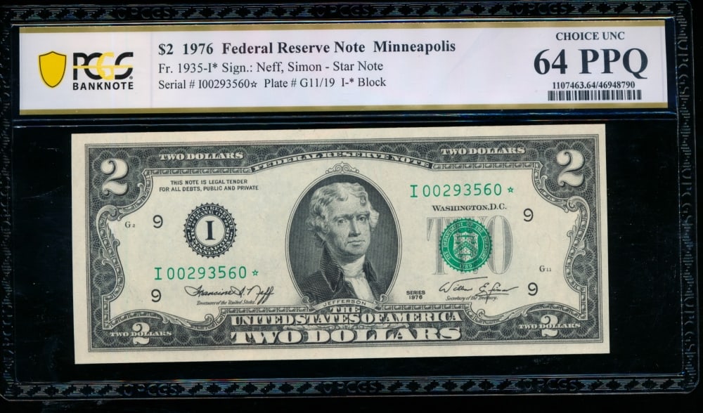 1976 $2 Minneapolis FRN PCGS 64PPQ: One 1976 $2 Minneapolis FRN PCGS 64PPQ.