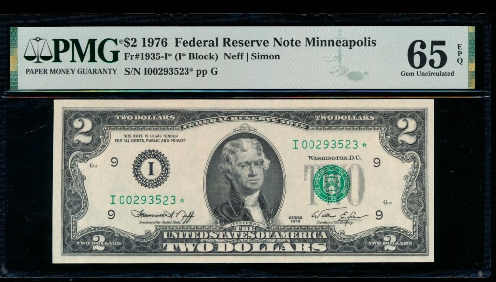 1976 $2 STAR Minneapolis FRN PMG 65EPQ: One 1976 $2 STAR Minneapolis FRN PMG 65EPQ.