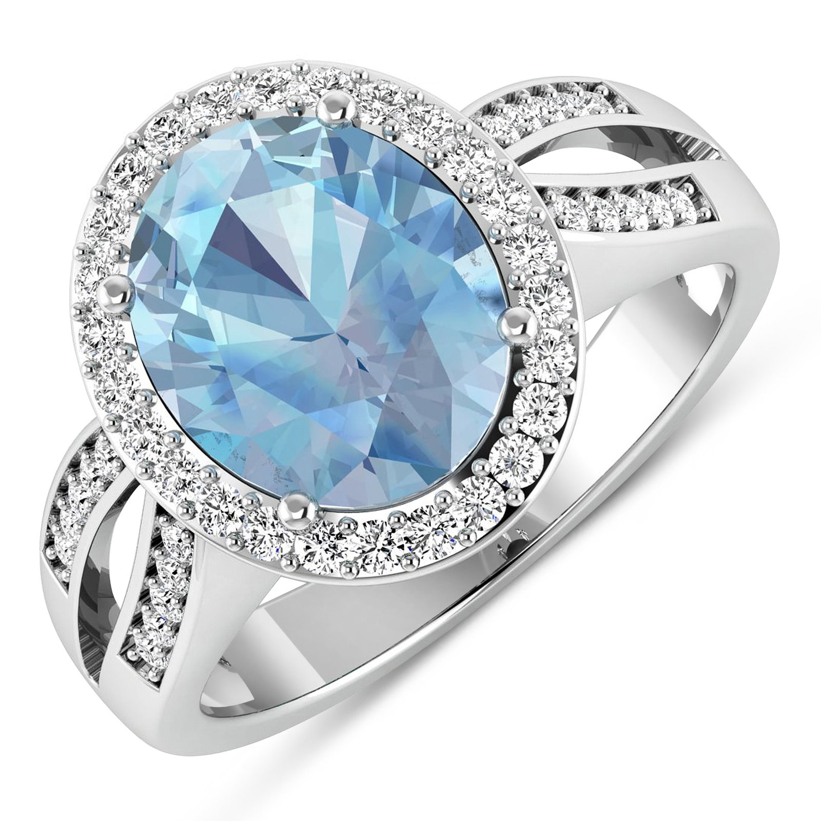 14KT White Gold 2.9ctw Aquamarine and Diamond Ring: Aquamarine (AA+) Oval 11x9mm - 1Pc + White Diamond F/C Round 1.30mm - 26Pcs + White Diamond F/C Round 1.10mm - 20Pcs ( SI-2/HI ) Total weight of gemstone is 2.9cts. Total Diamond weight is 0.39cts. To