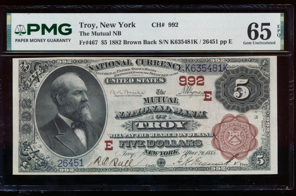 1882 $5 Troy NY National PMG 65EPQ: One 1882 $5 Troy NY National PMG 65EPQ.