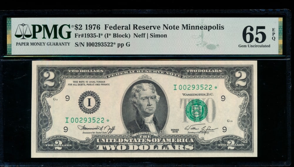 1976 $2 STAR Minneapolis FRN PMG 65EPQ: One 1976 $2 STAR Minneapolis FRN PMG 65EPQ.