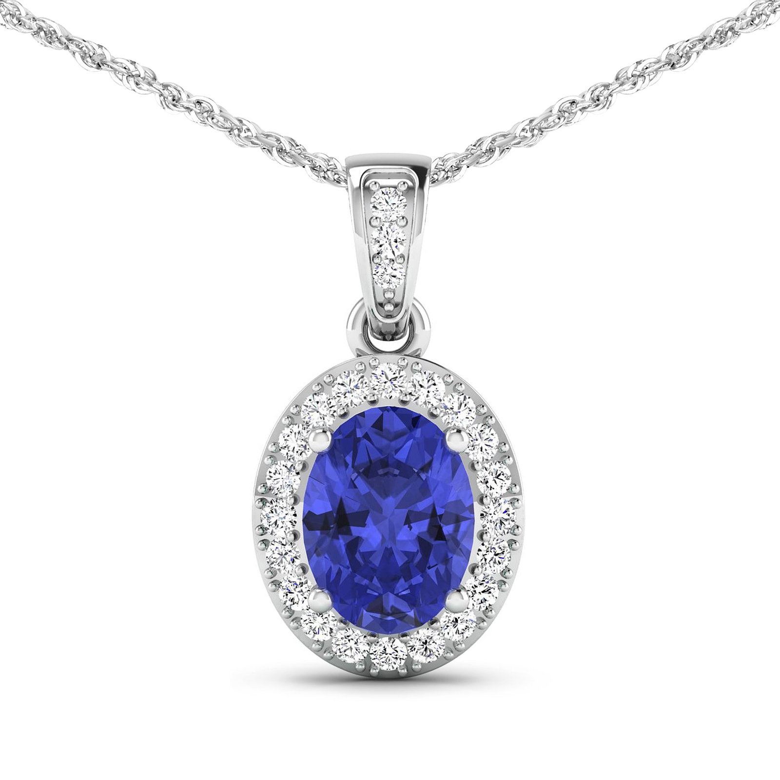 14KT White Gold 1.09ct Tanzanite and Diamond Pendant with Chain: 1 Tanzanite stone with a total weight of 1.09cts. Tanzanite (AA+) Oval 8x6mm - 1Pc + White Diamond F/C Round 1.20mm - 22Pcs + White Diamond F/C Round 1.10mm - 1Pc ( I1-I2/I color). Diamonds with a tot