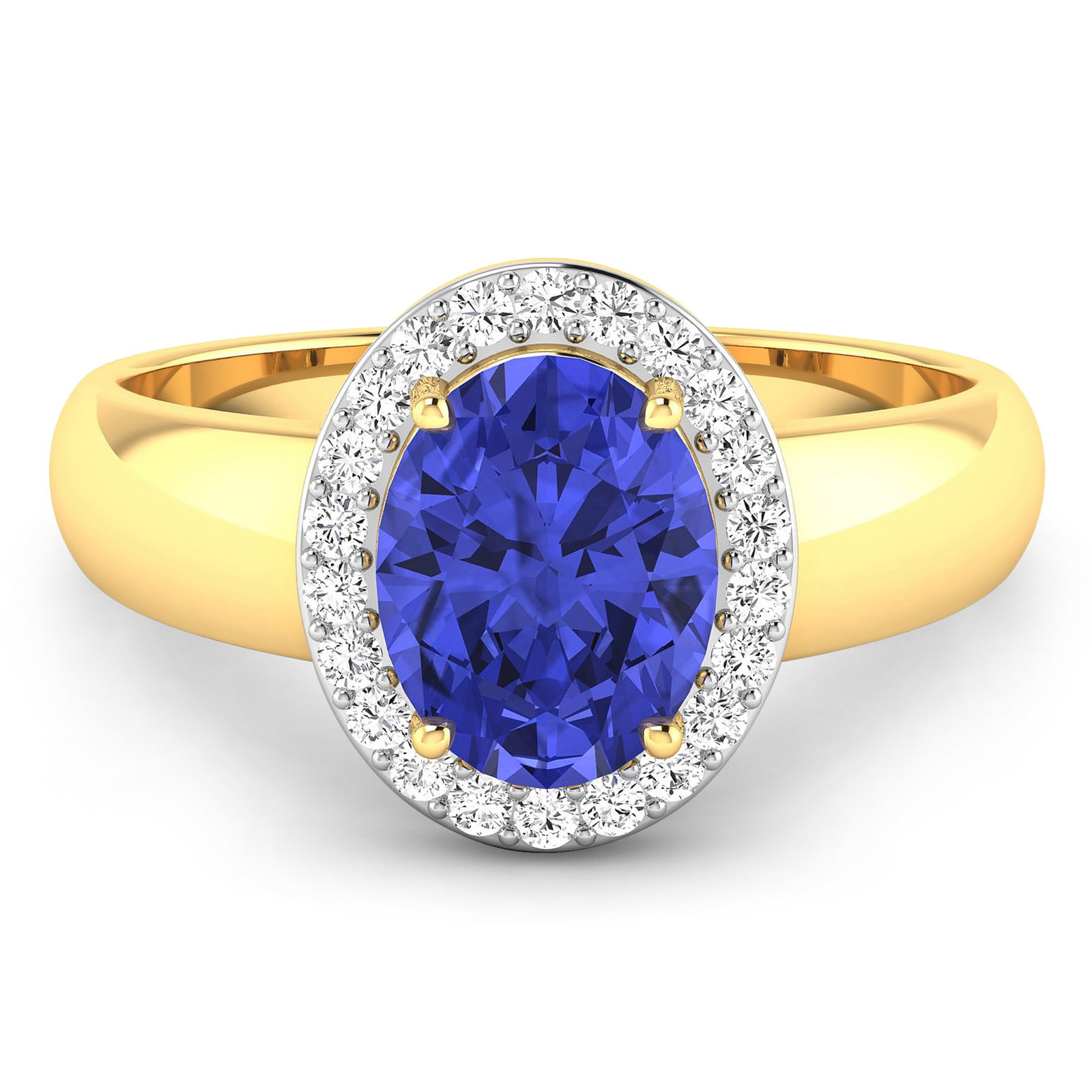 14KT Yellow Gold 1.41ct Tanzanite and Diamond Ring: Tanzanite (AA+) Oval 9x7mm - 1Pc + White Diamond F/C Round 1.30mm - 22Pcs ( White Pan Rhodium ) (I1-I2/I color) ( With J Back ). Total weight of gemstone is 1.41cts. Total weight of Diamonds is 0.22ct