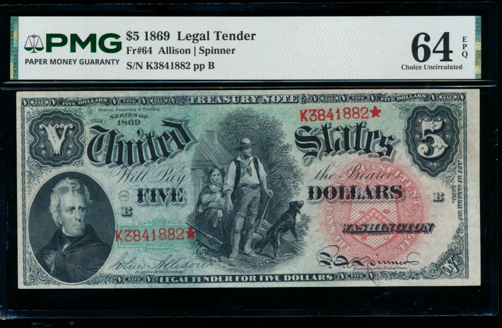 1869 $5 Rainbow Legal Tender Note PMG 64EPQ: One 1869 $5 Rainbow Legal Tender Note PMG 64EPQ.