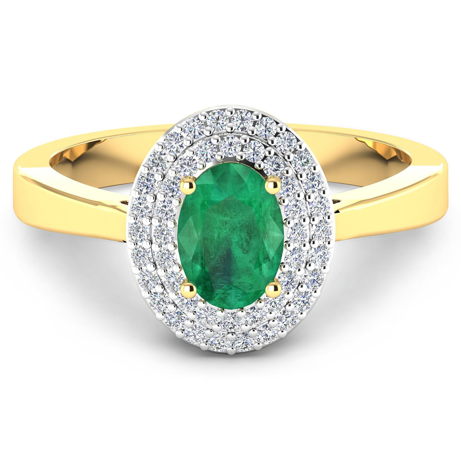 14KT Yellow Gold 0.70ct Zambian Emerald and Diamond Ring: Zambian Emerald (AA) Oval 7x5mm - 1Pc + White Diamond F/C Round 0.90mm - 46Pcs ( White Pan Rhodium ) (I1-I2/I color). Total weight of gemstone is 0.7cts. Total weight of Diamonds is 0.16cts. Total wei