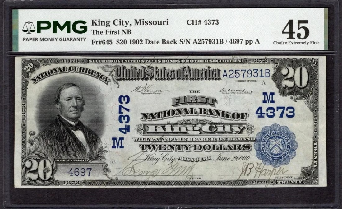 1902 $20 King City MO National PMG 45: One 1902 $20 King City MO National PMG 45.