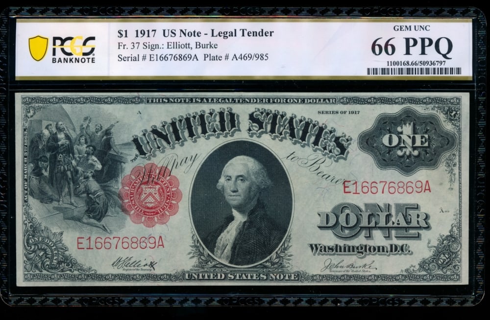 1917 $1 Legal Tender Note PCGS 66PPQ: One 1917 $1 Legal Tender Note PCGS 66PPQ.