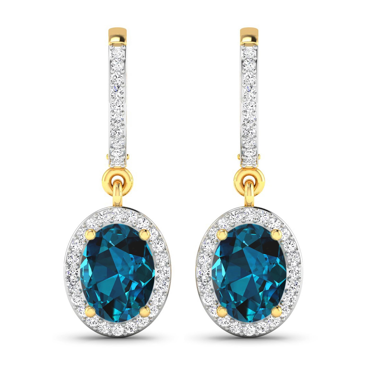 14KT Yellow Gold 2.2ctw London Blue Topaz and Diamond Earrings: London Blue Topaz Oval 8x6mm - 2Pcs + White Diamond F/C Round 1.00mm - 70Pcs ( Clip On ) ( White Pan Rhodium ) (I1-I2/I color) Total weight of gemstones is 2.2cts. Total Diamond weight is 0.32cts. Tot
