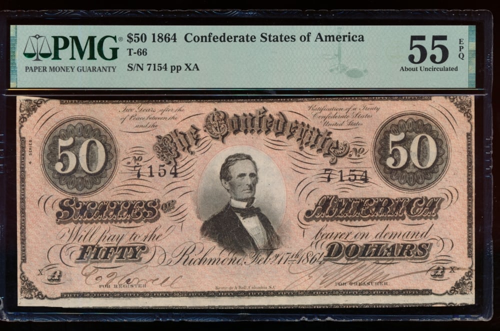 1864 $50 T-68 Confederate PMG 55EPQ: One 1864 $50 T-68 Confederate PMG 55EPQ.