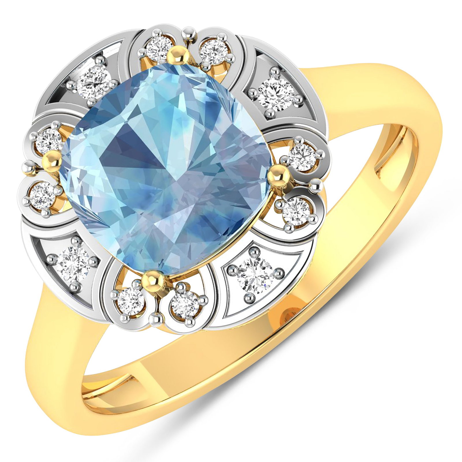 14KT Yellow Gold 1.48ctw Aquamarine and Diamond Ring: Aquamarine (AA+) Cushion 8.00mm - 1Pc + White Diamond F/C Round 1.50mm - 4Pcs + White Diamond F/C Round 1.00mm - 8Pcs ( White Pan Rhodium ) ( SI-2/HI ) Total weight of gemstone is 1.48cts. Total Diamo