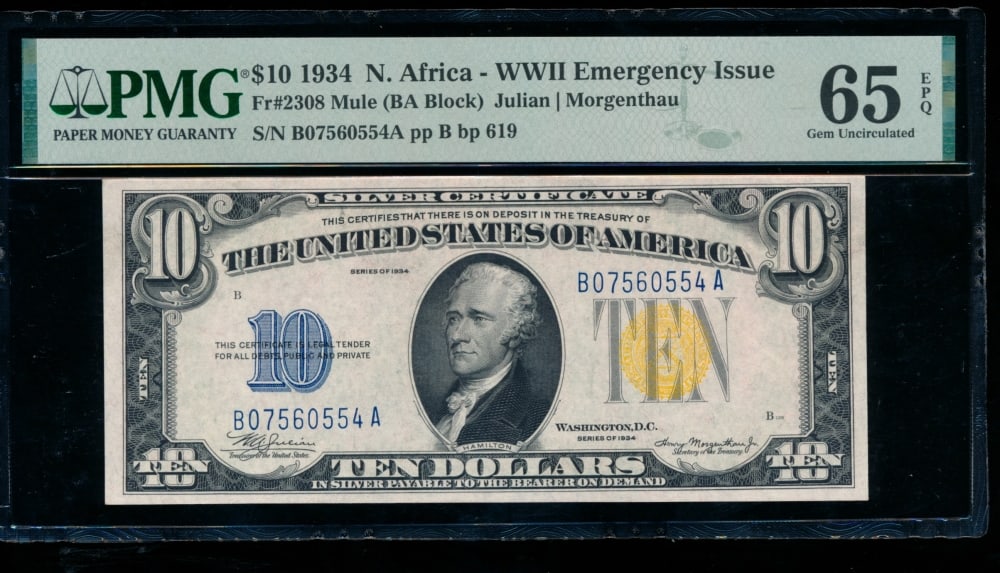 1934 $10 N Africa Silver Certificate PMG 65EPQ: One 1934 $10 N Africa Silver Certificate PMG 65EPQ.