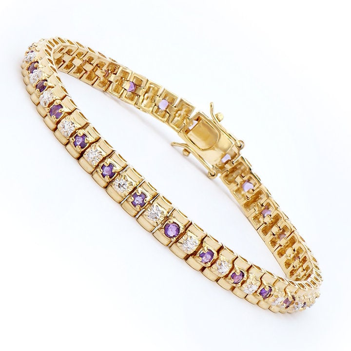 Plated 18KT Yellow Gold 2.05ctw Amethyst and Diamond Bracelet: One Plated 18KT Yellow Gold 2.05ctw Amethyst and Diamond Bracelet. (27) Amethyst stones with a total weight of 2.05cts. Diamonds with a total of 0.02cts with a color of H-I and clarity of I-3. Total w