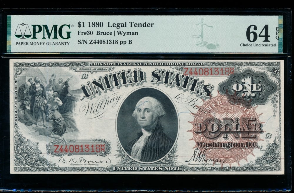 1880 $1 Legal Tender Note PMG 64EPQ: One 1880 $1 Legal Tender Note PMG 64EPQ.