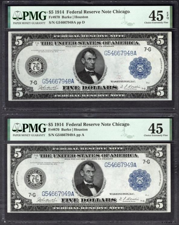 Lot of Two Consecutive 1914 $5 Chicago FRN PMG 45: One Lot of Two Consecutive 1914 $5 Chicago FRN PMG 45.