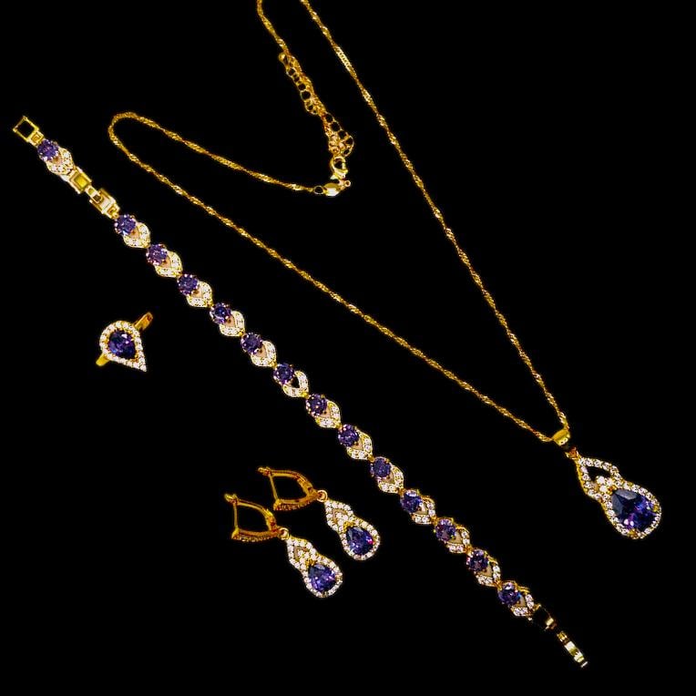 18 K Gold Plate Lab Simulated Amethyst and Diamond Set: Gorgeous 5 Piece Lab Simulated Amethyst and Diamond Jewelry Set. These Lab Faceted Gemstones Are Eye-Clean. They burst out with electric sparkle and a fine even hue. This 5 Piece Set Includes A 16 to 