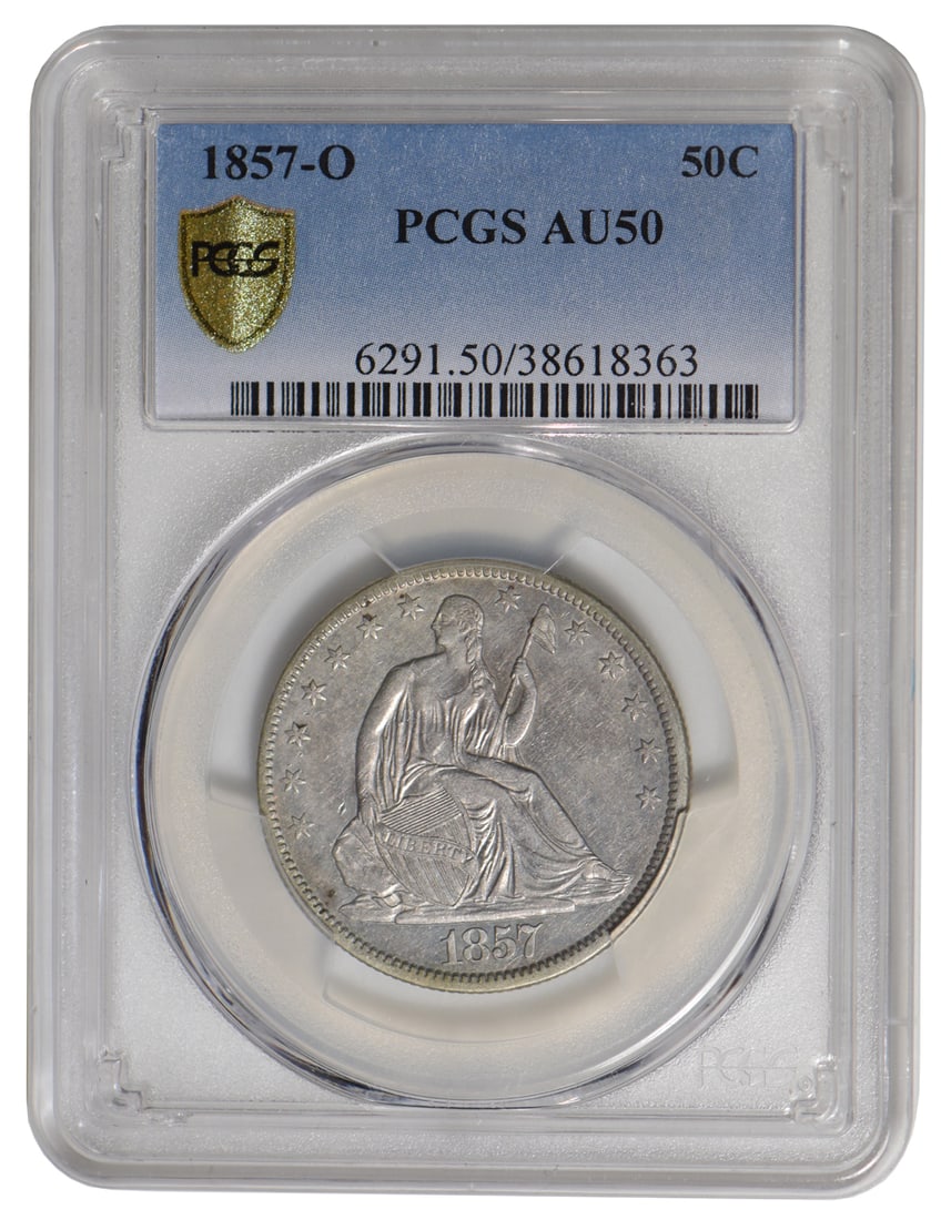 1857-O Seated Liberty Half Dollar PCGS AU50: One 1857 O Seated Liberty Half Dollar PCGS AU50.