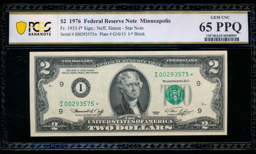 1976 $2 STAR Minneapolis FRN PCGS 65PPQ: One 1976 $2 STAR Minneapolis FRN PCGS 65PPQ.