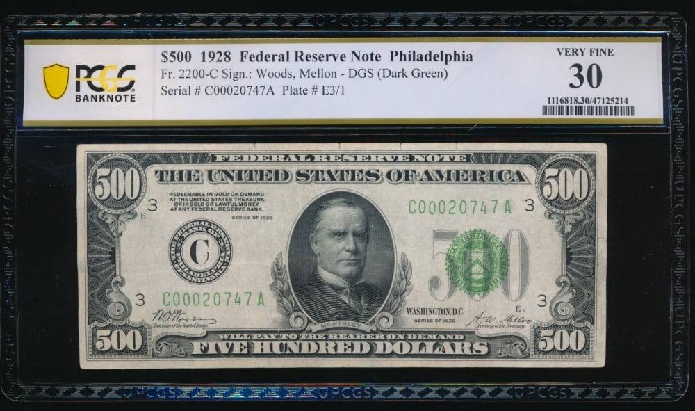 1928 $500 Philadelphia FRN PCGS 30: One 1928 $500 Philadelphia FRN PCGS 30.