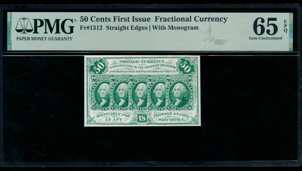 50 Cent First Issue Fractional PMG 65EPQ: One 50 Cent First Issue Fractional PMG 65EPQ.