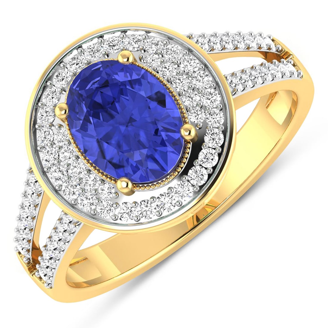 14KT Yellow Gold 1.09ctw Tanzanite and Diamond Ring: Tanzanite (AA+) Oval 8x6mm - 1Pc + White Diamond F/C Round 1.10mm - 24Pcs + White Diamond F/C Round 1.00mm - 40Pcs ( White Pan Rhodium ) ( I1-I2/I color ) Total weight of gemstone is 1.09cts. Total
