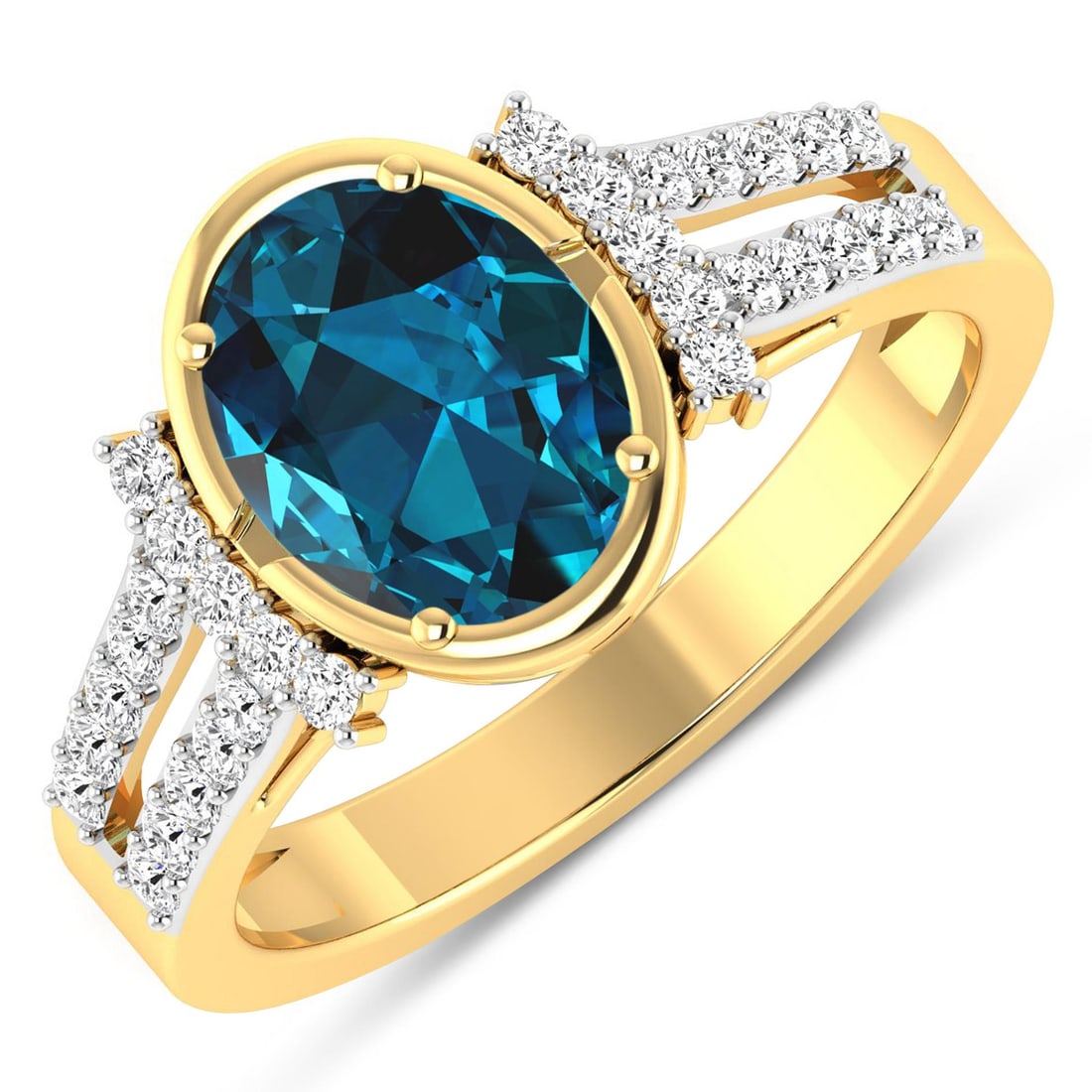14KT Yellow Gold 1.9ctw London Blue Topaz and Diamond Ring: London Blue Topaz Oval 9x7mm - 1Pc + White Diamond F/C Round 1.30mm - 30Pcs ( White Pan Rhodium ) ( SI-2/HI ) Total weight of gemstone is 1.9cts. Total Diamond weight is 0.3cts. Total weight of this r