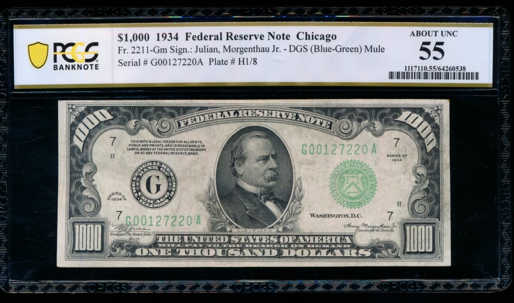 1934 $1000 Chicago FRN PCGS 55: One 1934 $1000 Chicago FRN PCGS 55.