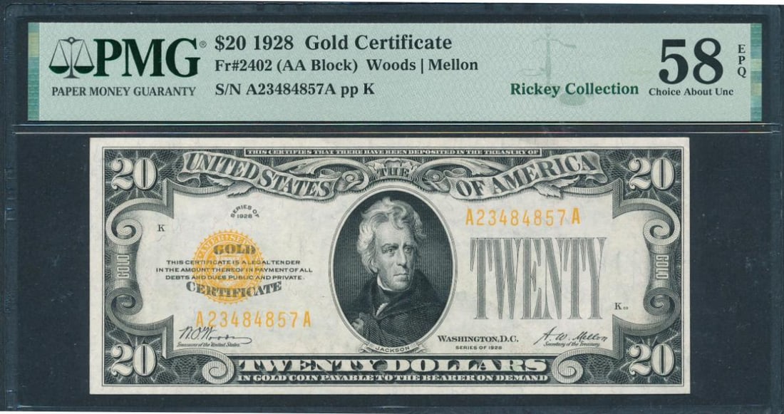 1928 $20 Gold Certificate PMG 58EPQ: One 1928 $20 Gold Certificate PMG 58EPQ.