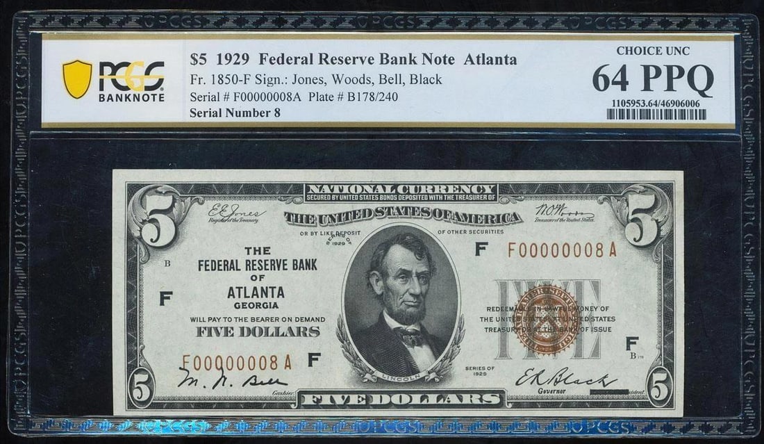 1929 $5 Serial 8 Atlanta FRBN PCGS 64PPQ: One 1929 $5 Serial 8 Atlanta FRBN PCGS 64PPQ.