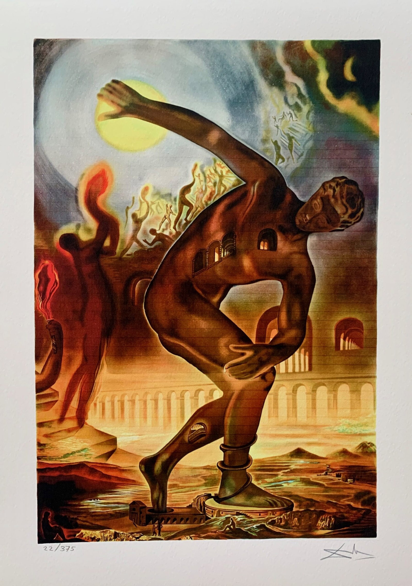Salvador Dali COSMIC ATHLETE Facsimile Signed Limited Edition Giclee: This is a limited edition giclee titled POETRY OF AMERICA, COSMIC ATHLETE by Salvador Dali. This piece is facsimile signed on the lower right. Pencil numbered from an edition of 375. Paper measures 17