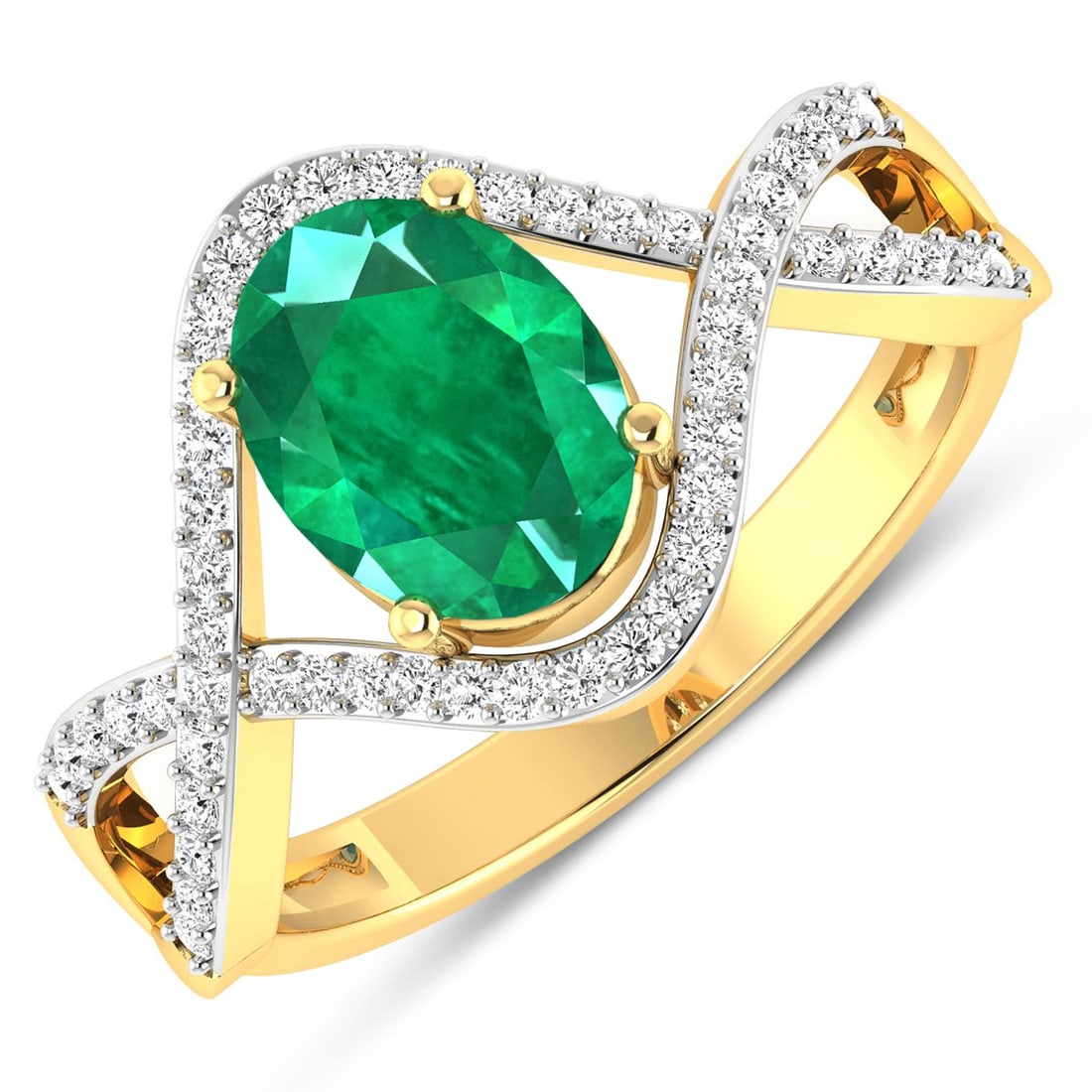 14KT Yellow Gold 1ctw Zambian Emerald and Diamond Ring: Zambian Emerald (AA) Oval 8x6mm - 1Pc + White Diamond F/C Round 1.00mm - 52Pcs ( White Pan Rhodium ) ( I1-I2/I color ) Total weight of gemstone is 1cts. Total Diamond weight is 0.24cts. Total weight