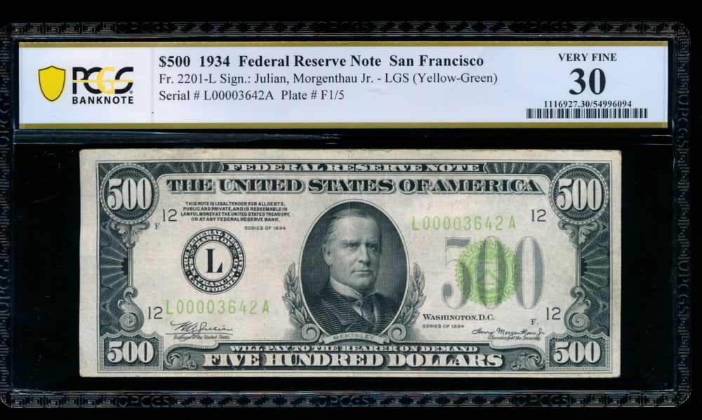 1934 $500 San Francisco FRN PCGS 30: One 1934 $500 San Francisco FRN PCGS 30.
