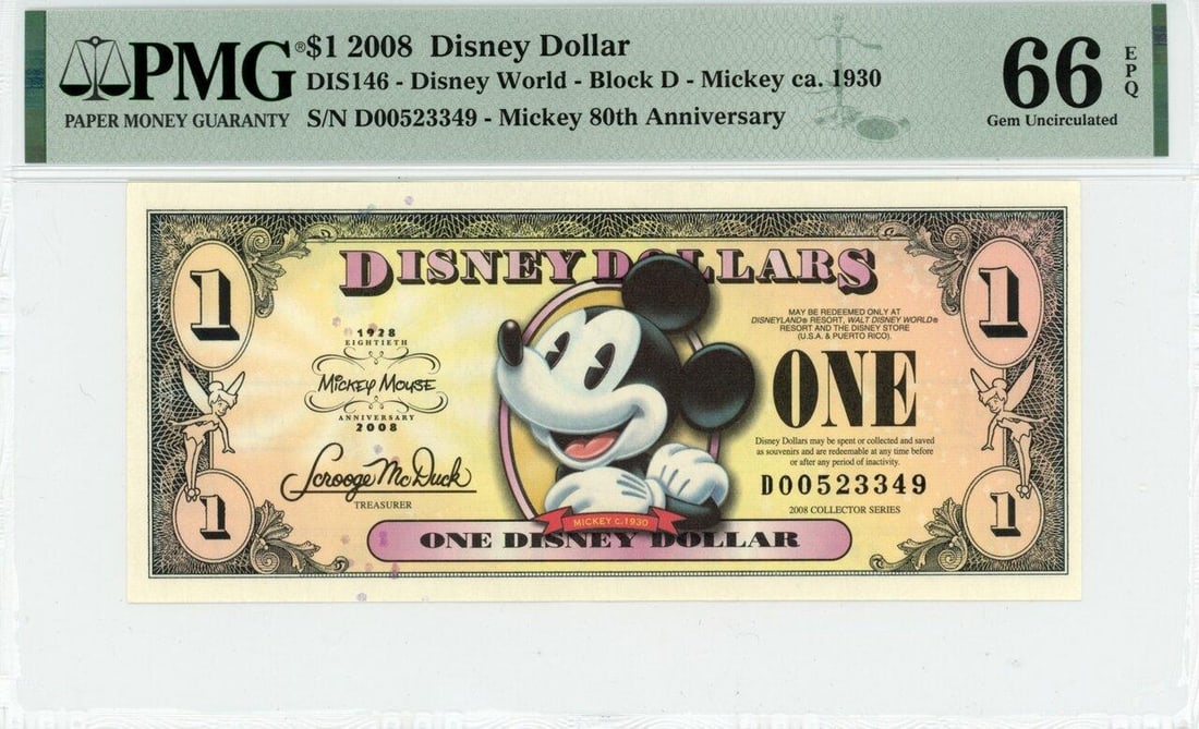 2008 $1 Mickey Disney Dollar PMG 66EPQ (1 of 2)