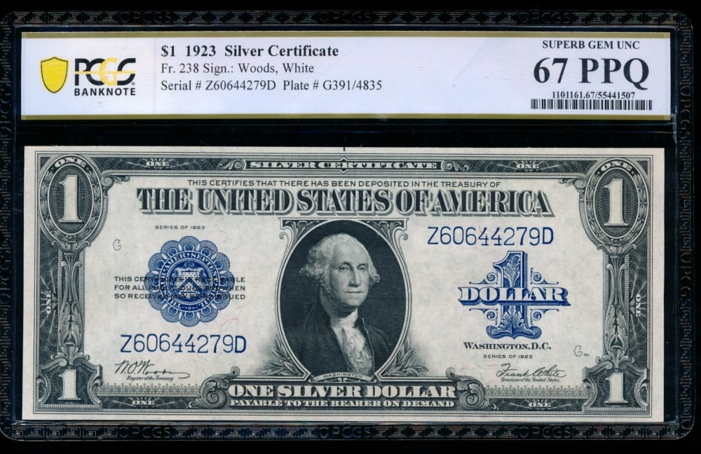 1923 $1 Silver Certificate PCGS 67PPQ: One 1923 $1 Silver Certificate PCGS 67PPQ.
