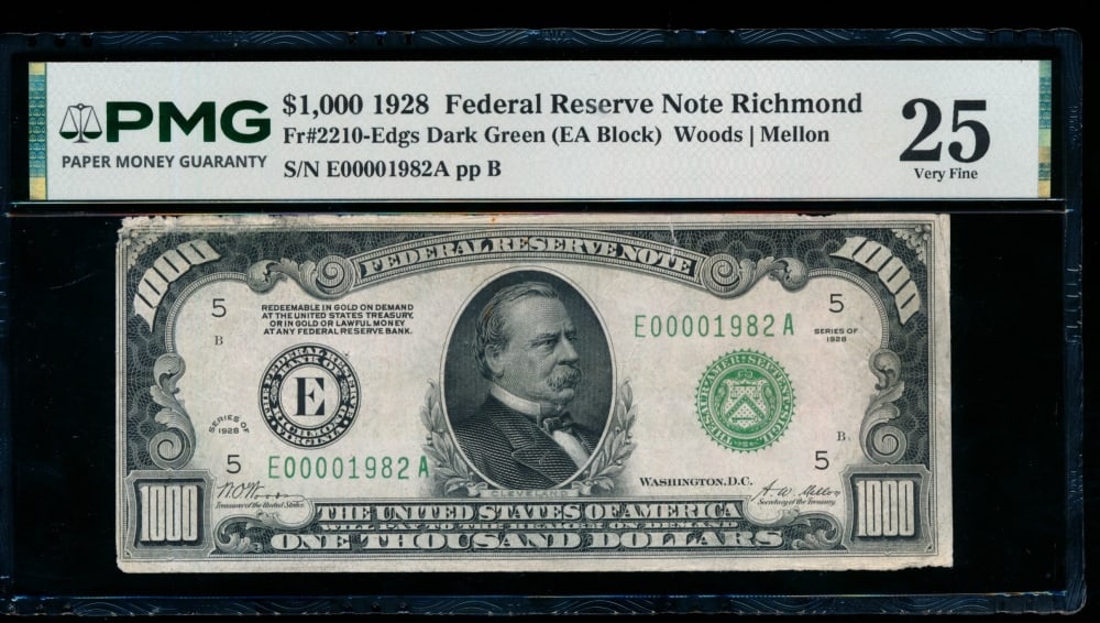1928 $1000 Richmond FRN PMG 25: One 1928 $1000 Richmond FRN PMG 25.