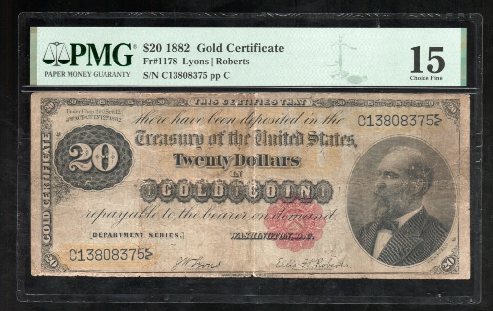 1882 $20 Gold Certificate PMG 15: One 1882 $20 Gold Certificate PMG 15.