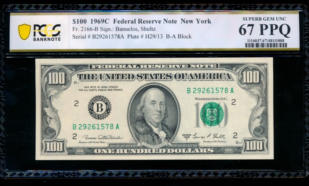 1969C $100 New York FRN PCGS 67PPQ: One 1969C $100 New York FRN PCGS 67PPQ.