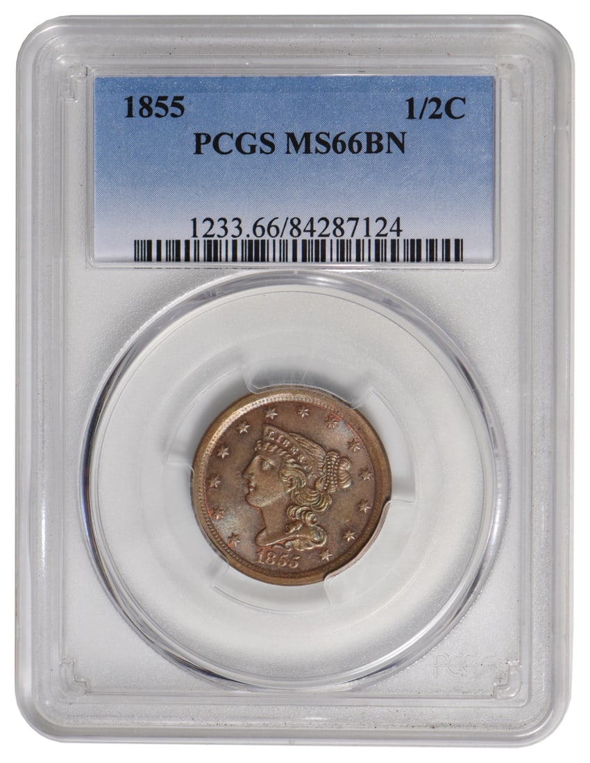 1855 Braided Hair Half Cent PCGS MS66BN: One 1855 Braided Hair Half Cent PCGS MS66BN.