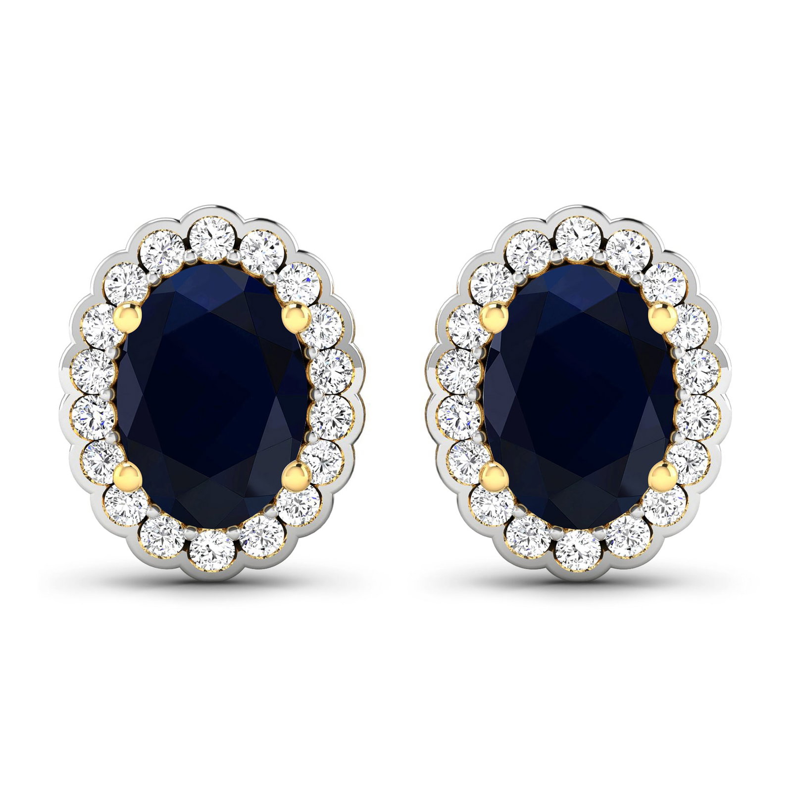 14KT Yellow Gold 1.5ctw Blue Sapphire and Diamond Earrings: Blue Sapphire (AA) Oval 7x5mm - 2Pcs + White Diamond F/C Round 1.20mm - 36Pcs ( White Pan Rhodium ) (I1-I2/I color) ( Push Post ) Total weight of gemstones is 1.5cts. Total Diamond weight is 0.28cts. 