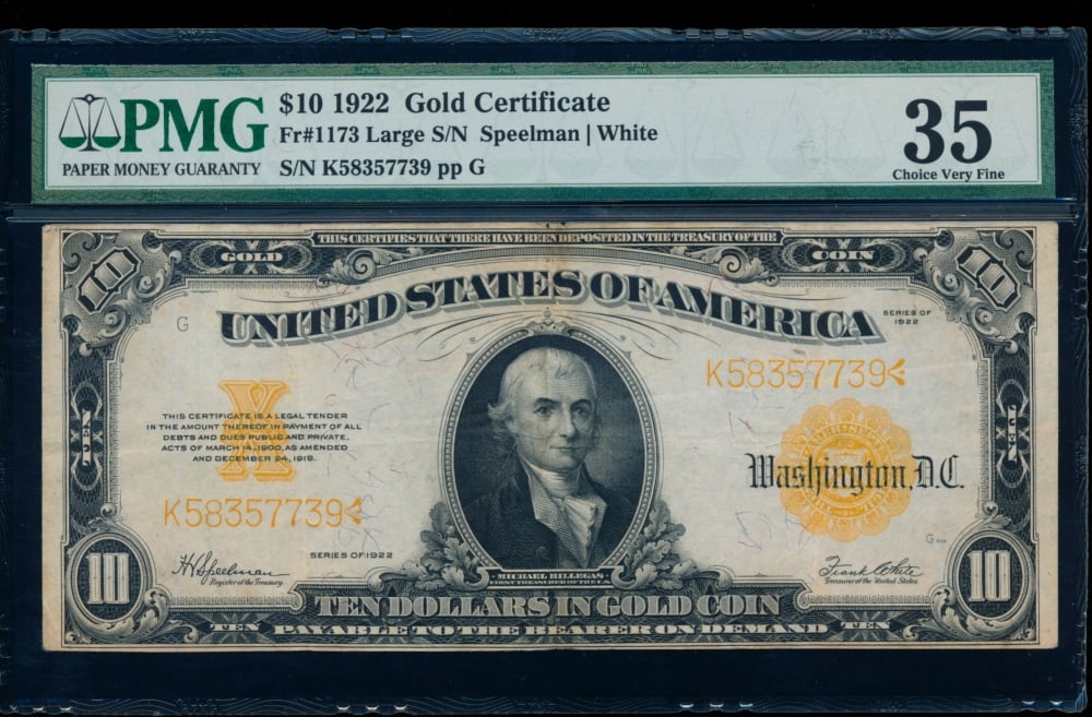 1922 $10 Gold Certificate PMG 35: One 1922 $10 Gold Certificate PMG 35.