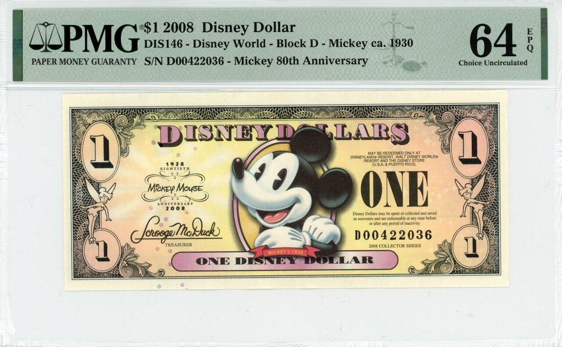 2008 $1 Mickey Disney Dollar PMG 64EPQ (1 of 2)