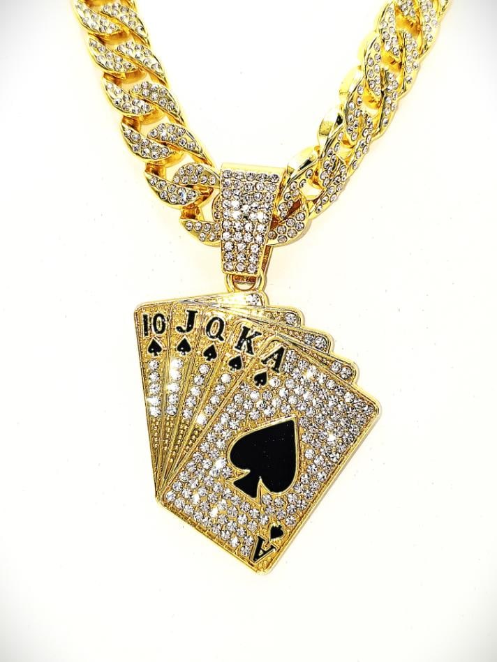 Huge 160.5 Gram 18 Kt Gold Plate Royal Flush Pendant Necklace: This Huge 160.5 Gram Royal Flush Cuban Link Chain Necklace Is A Stealth 14 mm wide and 20" long.160.5 Gram Wt.A-1 Top Notch Quality. It looks like Solid Gold without the Solid Gold Price. This Necklac