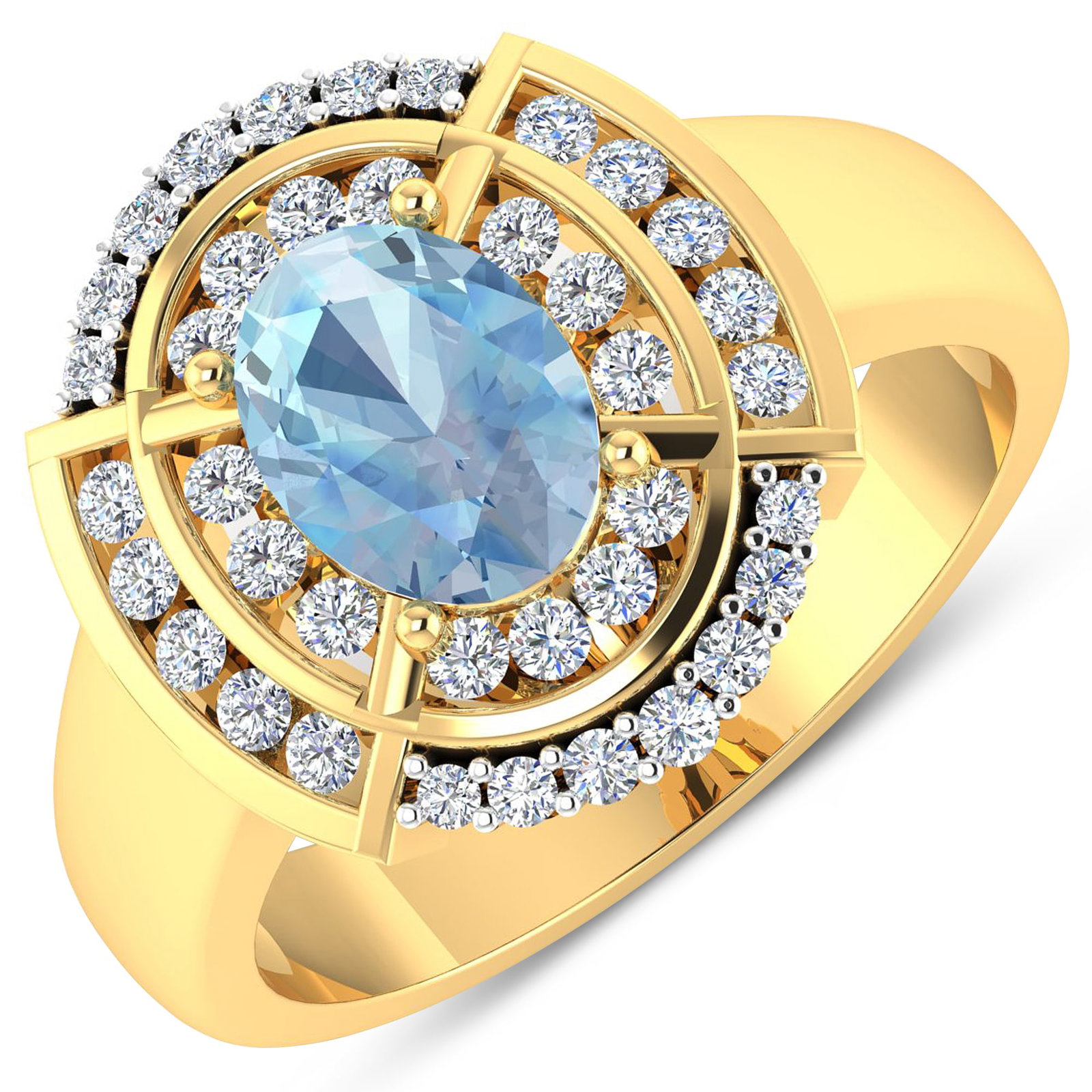 14KT Yellow Gold 0.96ct Aquamarine and Diamond Ring: Aquamarine (AA+) Oval 8x6mm - 1Pc + White Diamond F/C Round 1.50-1.60mm - 24Pcs + White Diamond F/C Round 1.20mm - 14Pcs ( White Pan Rhodium ) (I1-I2/I color). Total weight of gemstone is 0.96cts. Tot
