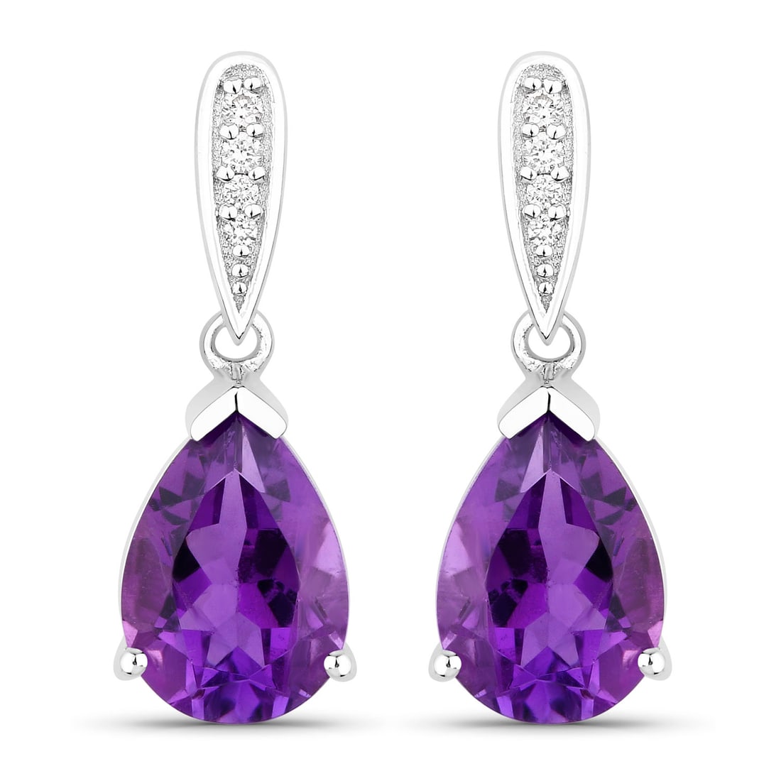 Plated Rhodium 2.70ctw Amethyst and Lab Diamond Earrings: Amethyst Pear/10x7mm - 2/2.70 ctw V Prong Setting Natural Not Treated E + Lab Grown Diamond Round/1.30mm - 2/0.02 ctw + Lab Grown Diamond Round/1.20mm - 2/0.02 ctw + Lab Grown Diamond Round/1.10mm - 2