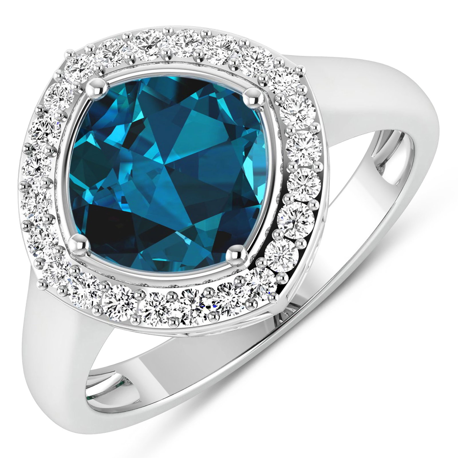 14KT White Gold 2.15ctw London Blue Topaz and Diamond Ring: London Blue Topaz Cushion 8.00mm - 1Pc + White Diamond F/C Round 1.30mm - 24Pcs ( SI-2/HI ) Total weight of gemstone is 2.15cts. Total Diamond weight is 0.24cts. Total weight of this ring is 3.33 gram