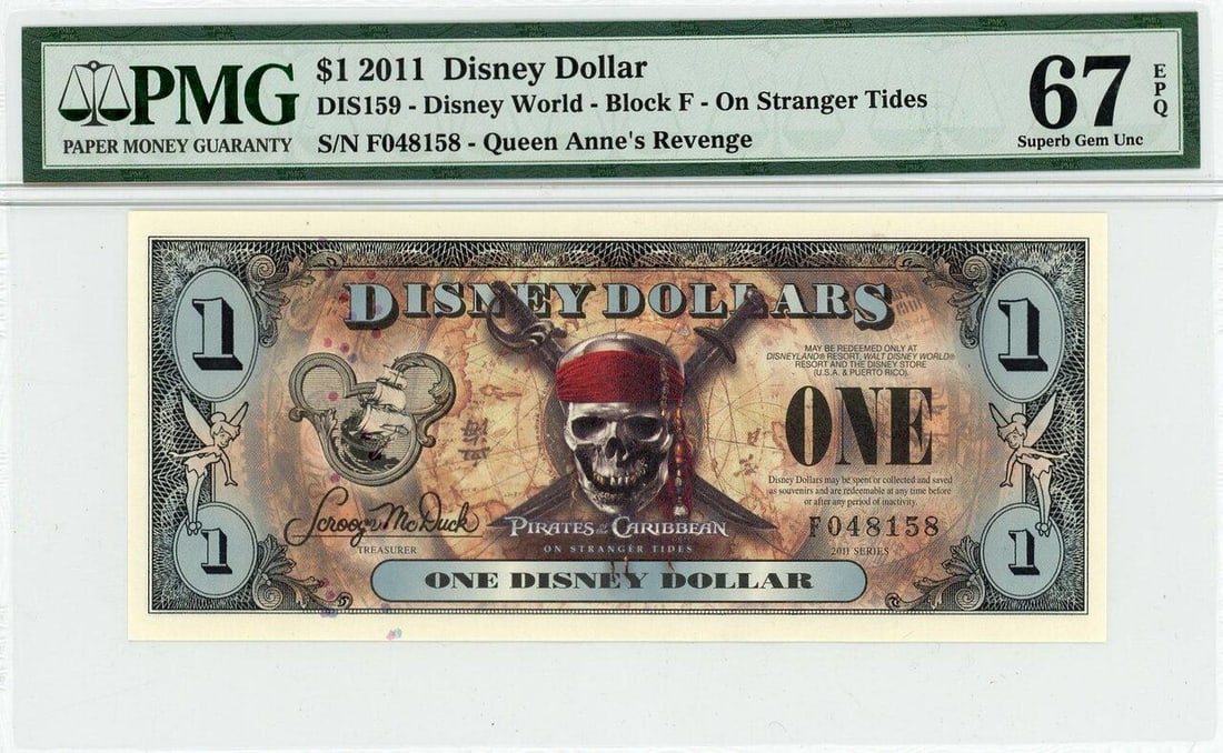 2011 $1 Stranger Tides Disney Dollar PMG 67EPQ: One 2011 $1 Stranger Tides Disney Dollar PMG 67EPQ.