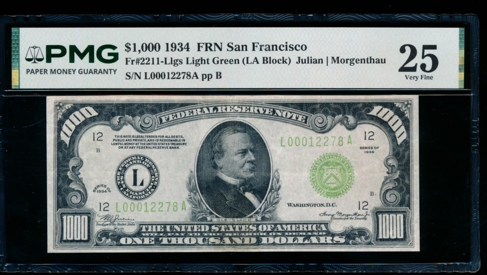 1934 $1000 San Francisco FRN PMG 25: One 1934 $1000 San Francisco FRN PMG 25.